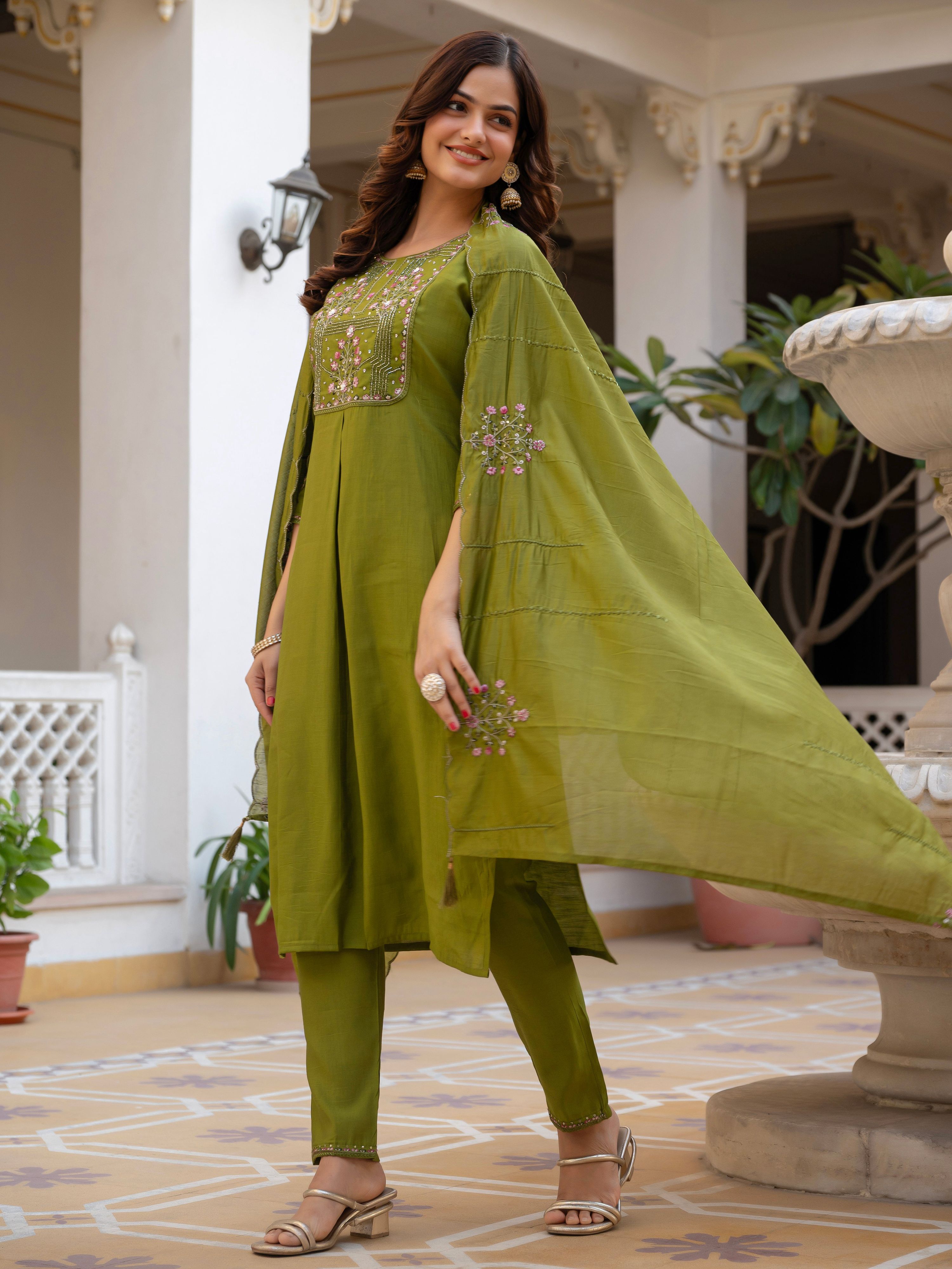 Pramukh Fab Olive Color Viscose Mango Silk Kurta Set | Grocsy