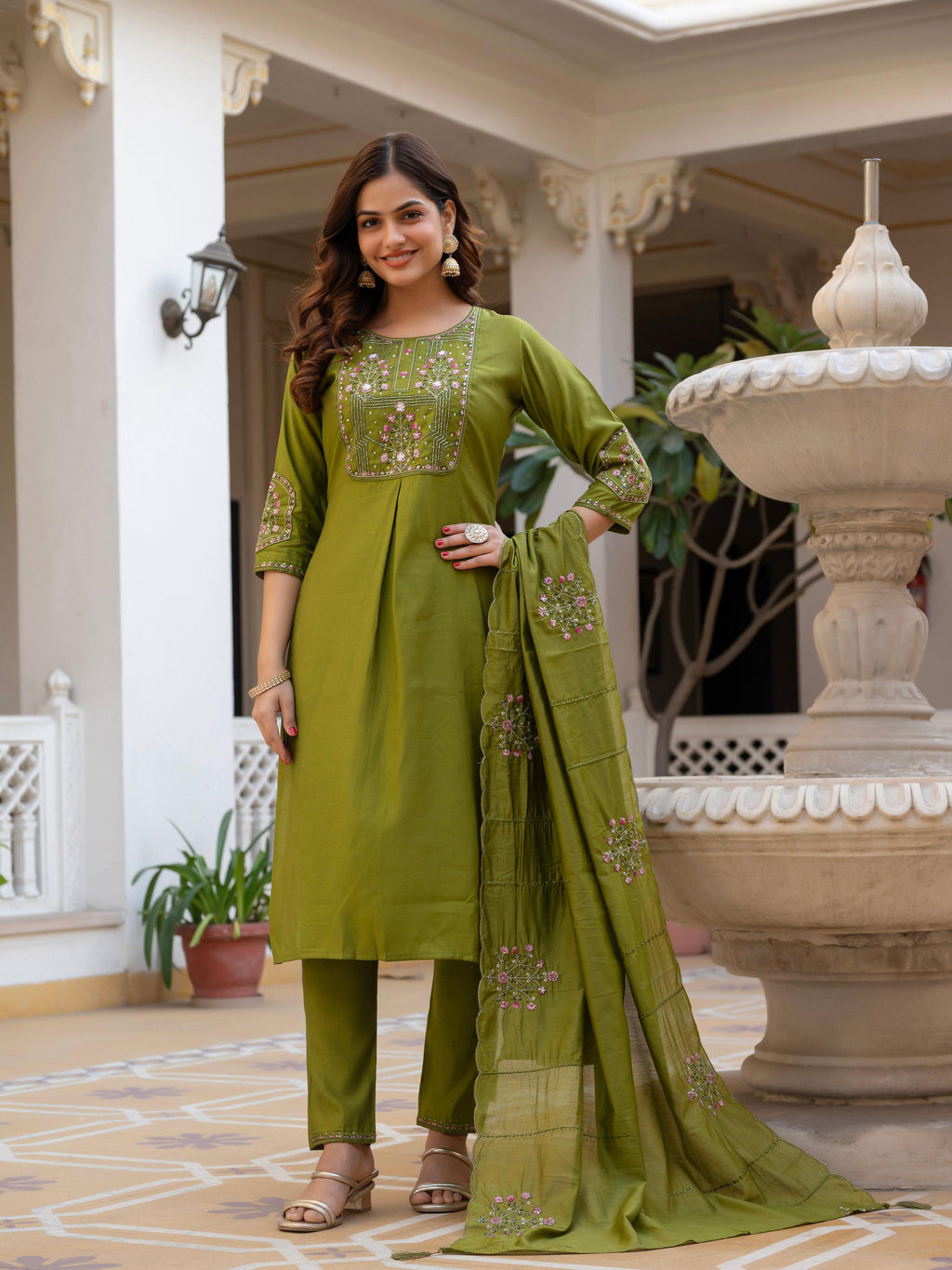 Pramukh Fab Olive Color Viscose Mango Silk Kurta Set | Grocsy