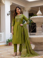 Pramukh Fab Olive Color Viscose Mango Silk Kurta Set | Grocsy