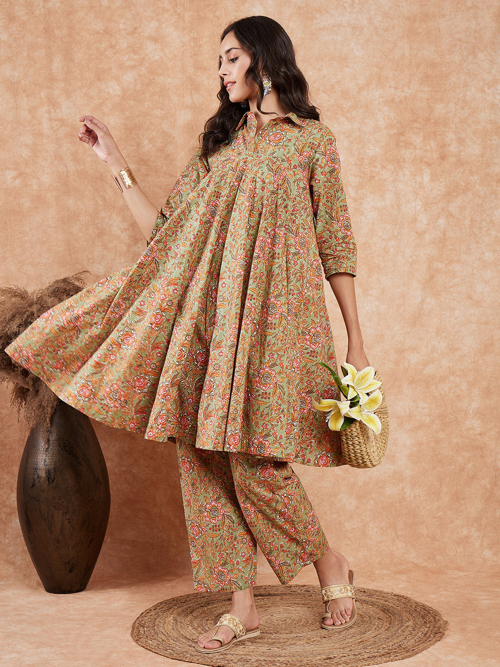 InWeave Women's Pear Green Orange Floral Print Flared Kurta Pant Set | Grocsy