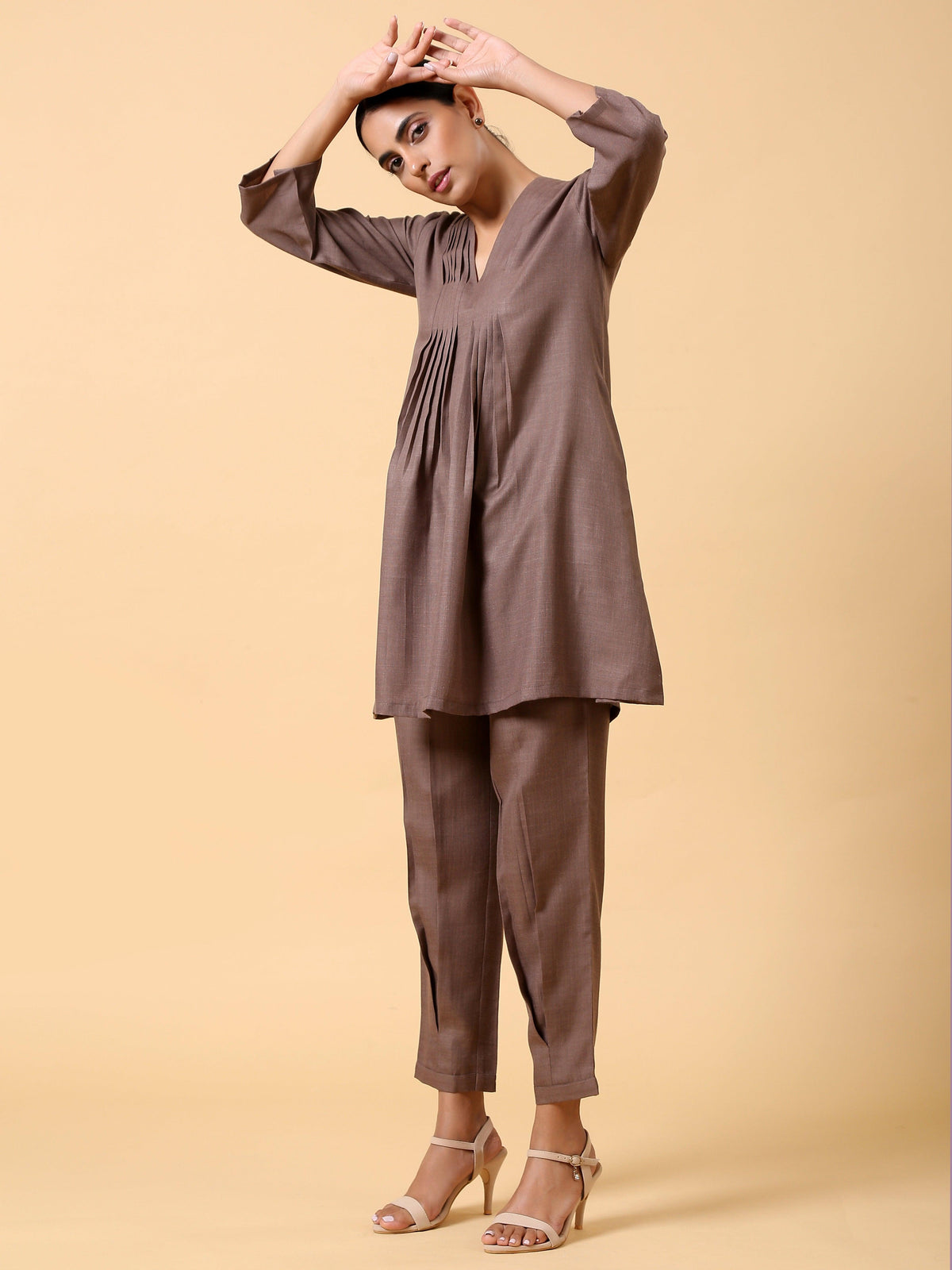 trueBrowns Cotton Linen Burnt Brown Pleated Co-Ord Set | Grocsy
