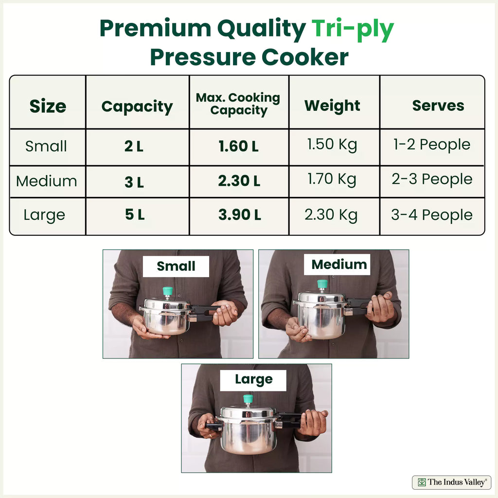 The Indus Valley RapidCuk Tri-ply Stainless Steel Pressure Cooker, Premium Quality, 3 Layer Thick Body, Heavy Bottom, 100% Safe, ISI Certified, Induction & Gas, 2/3/5L | Grocsy