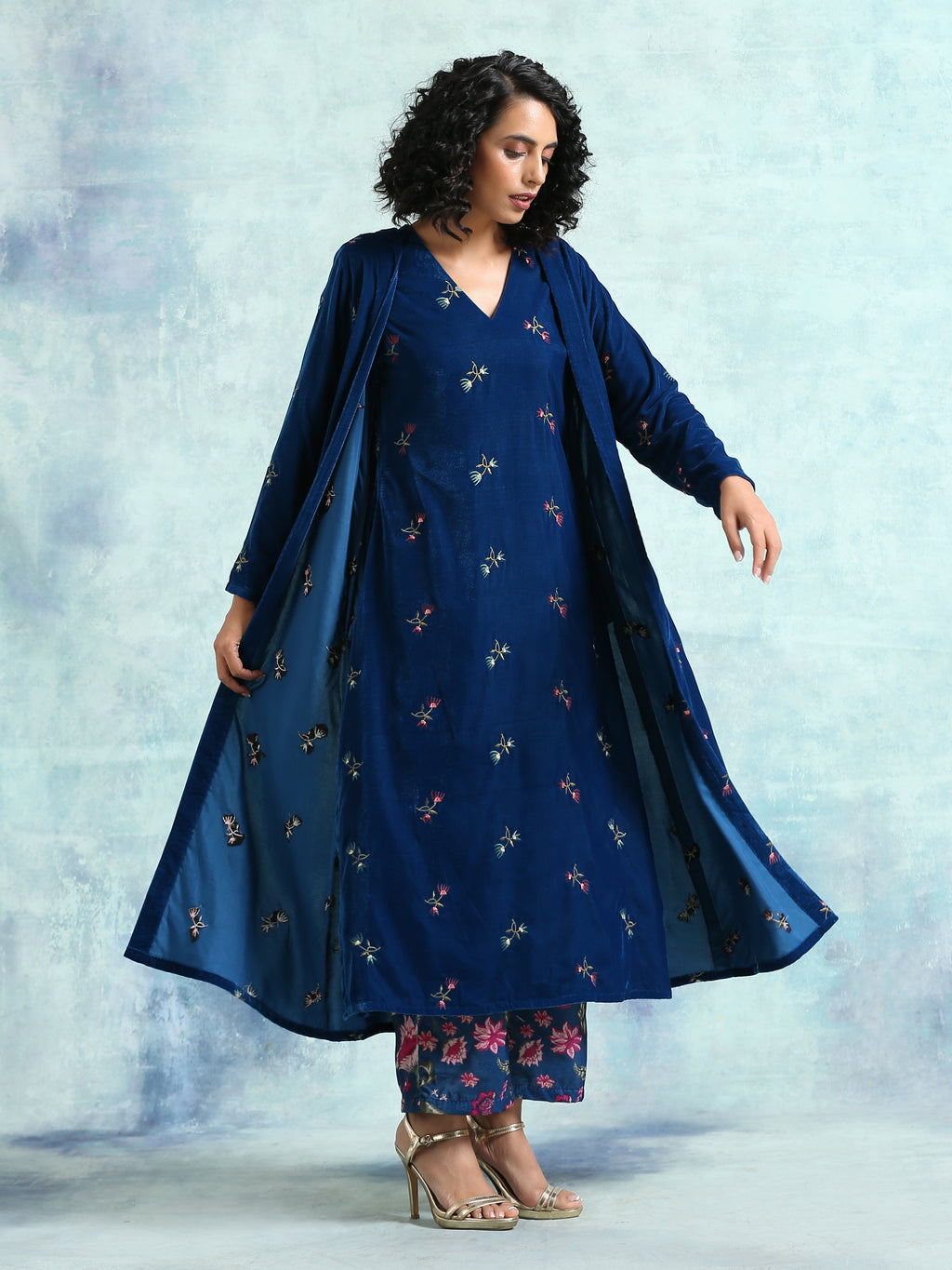 trueBrowns Blue Embroidered Velvet Overlay Jacket | Grocsy