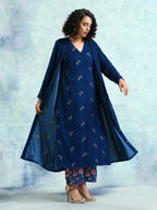 trueBrowns Blue Embroidered Velvet Overlay Jacket | Grocsy