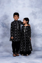 Ahalyaa Boys Black Chanderi Gold Printed Kids Kurta Churidar Set | Grocsy