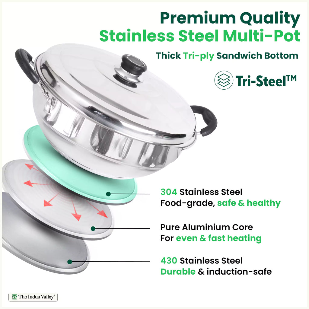 The Indus Valley 14 Pit Tri-Steel Multi Pot Premium Stainless Steel Idli/ Dhokla/ Momo Maker/  Veg Steaming Set, Tri-ply Induction Bottom, 5 Plates, 4.2L, 2.5kg | Grocsy