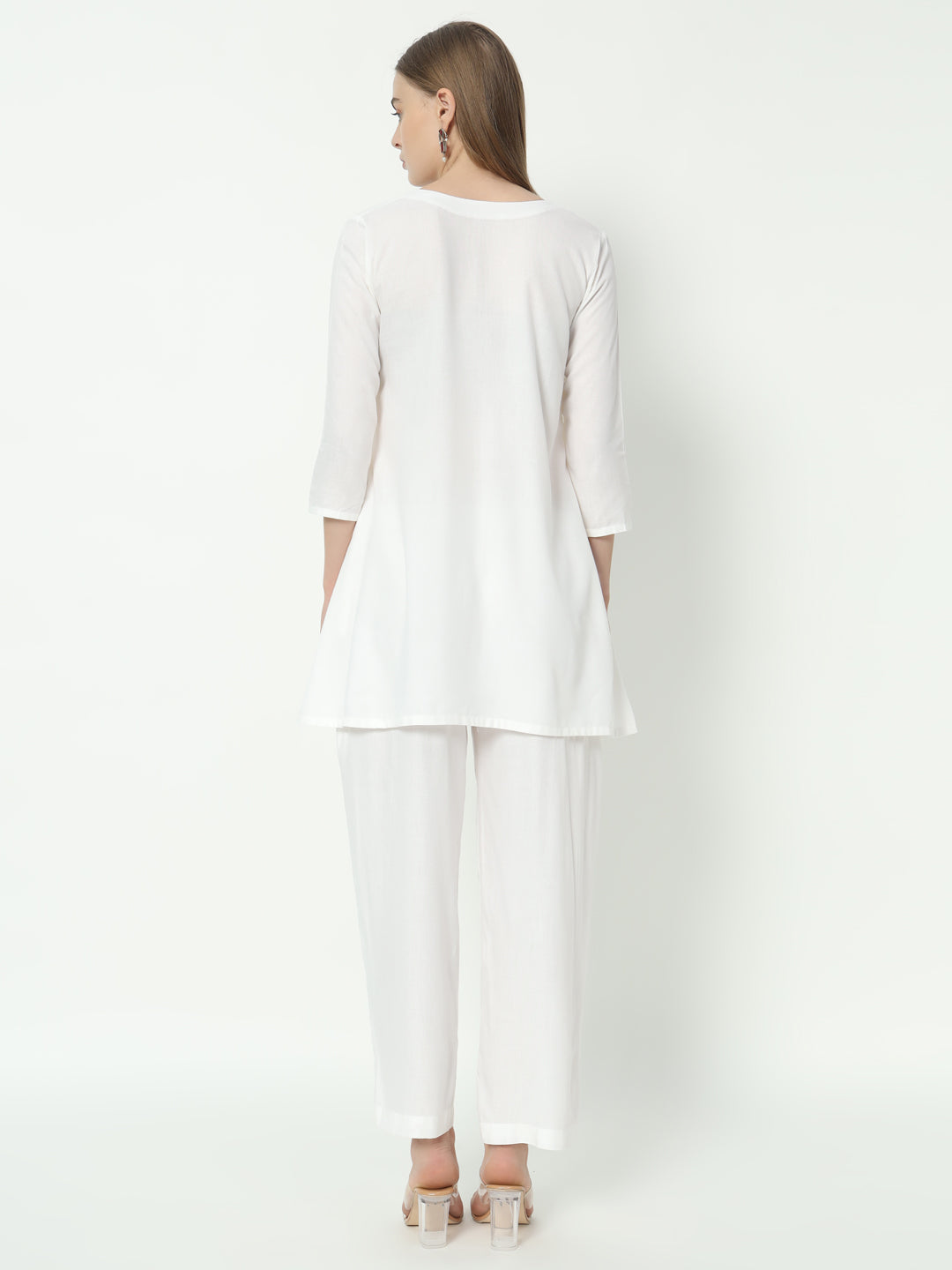 Fab Fashion White Pure Cotton V Neck Co-Ord Set | Grocsy