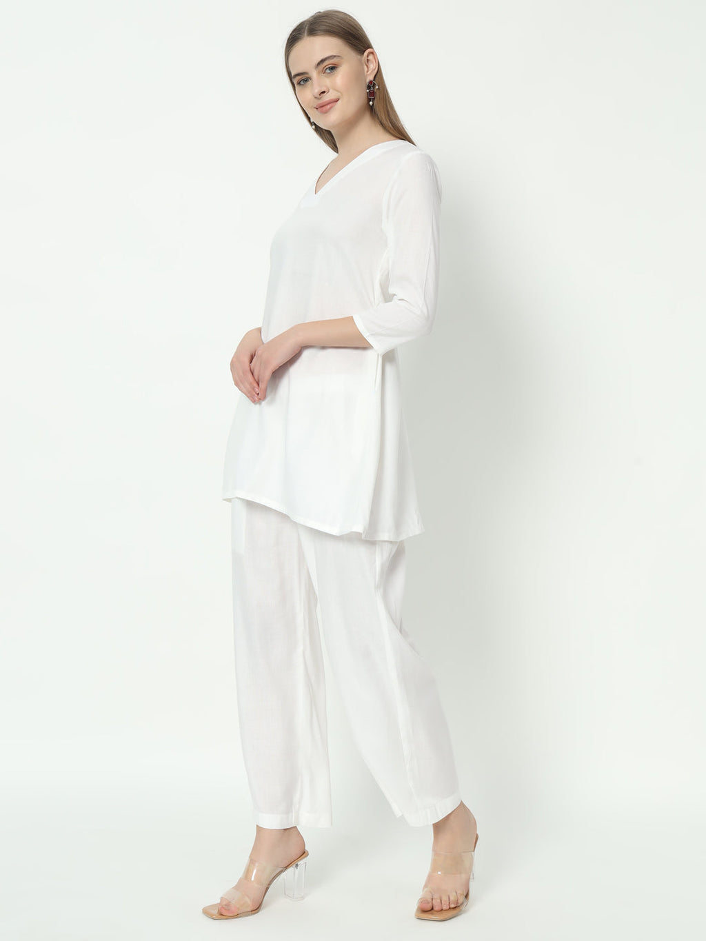Fab Fashion White Pure Cotton V Neck Co-Ord Set | Grocsy