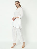 Fab Fashion White Pure Cotton V Neck Co-Ord Set | Grocsy