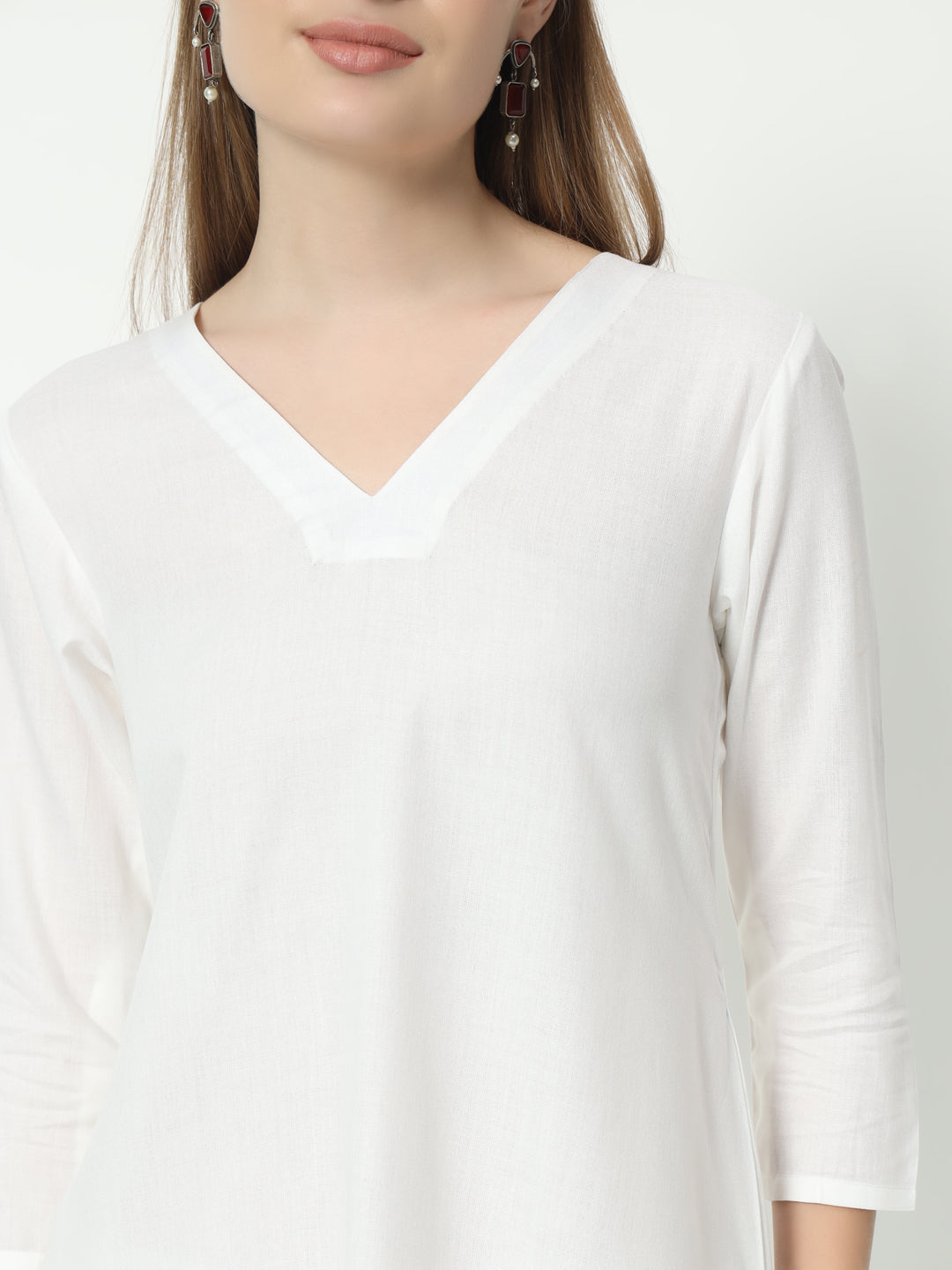 Fab Fashion White Pure Cotton V Neck Co-Ord Set | Grocsy