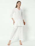 Fab Fashion White Pure Cotton V Neck Co-Ord Set | Grocsy