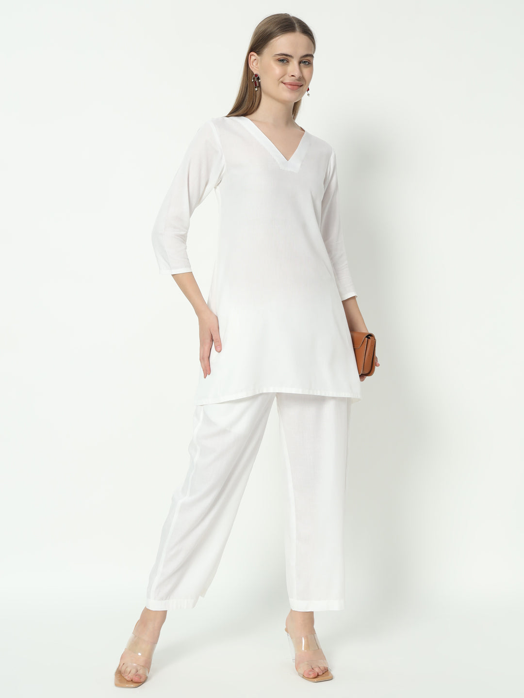 Fab Fashion White Pure Cotton V Neck Co-Ord Set | Grocsy