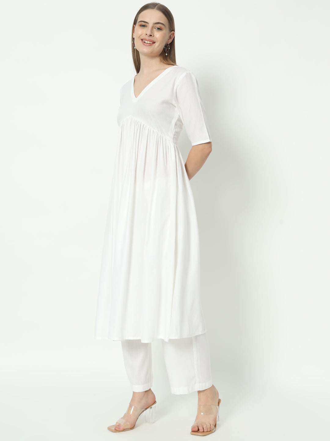 Fab Fashion Alia Cut White Pure Cotton V-Neck Top+Pant | Grocsy