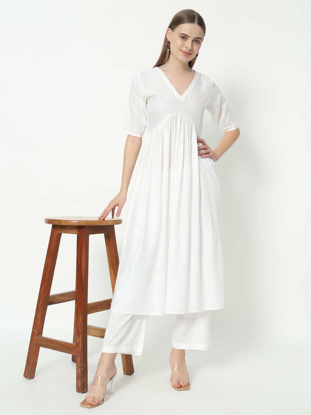 Fab Fashion Alia Cut White Pure Cotton V-Neck Top+Pant | Grocsy