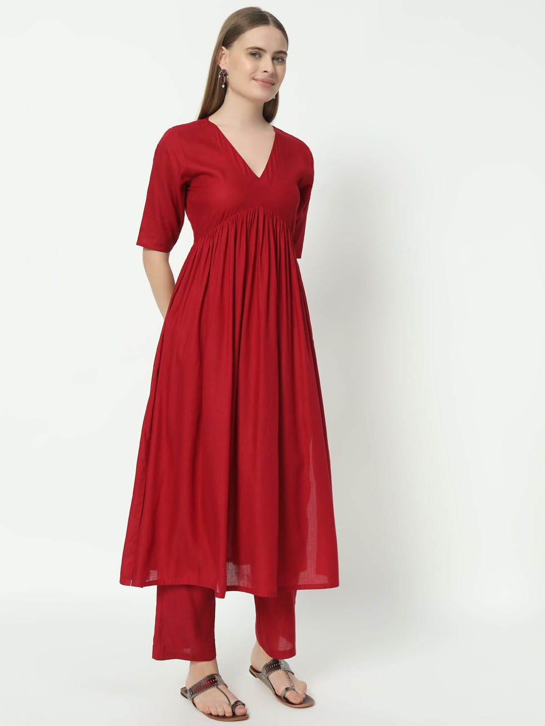 Fab Fashion Alia Cut Red Pure Cotton V Neck Top+Pant | Grocsy