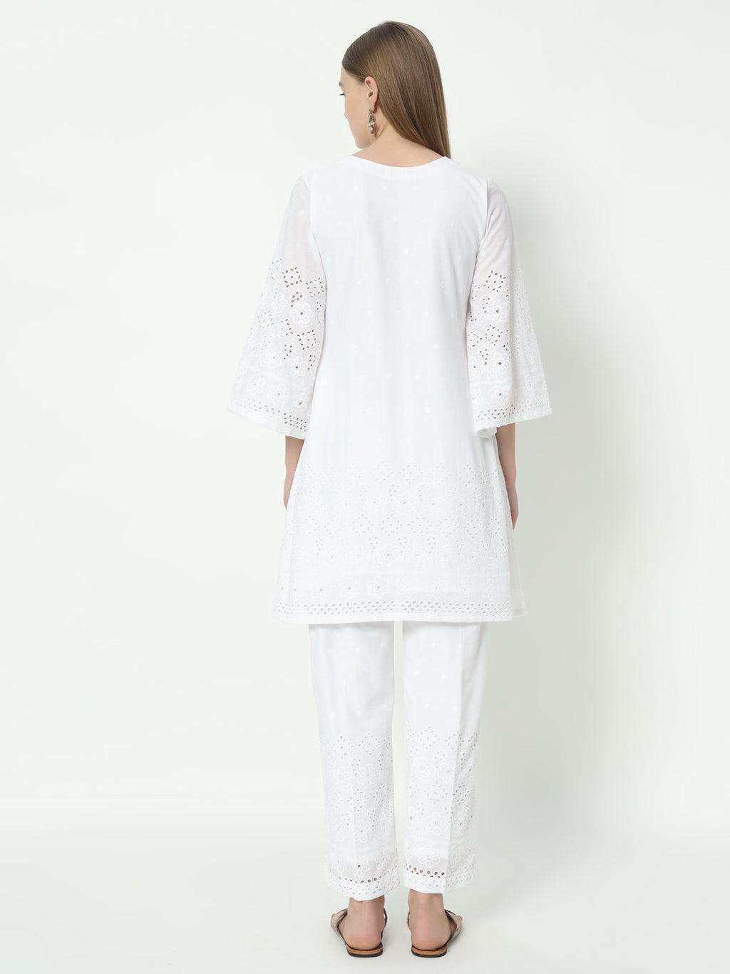 Fab Fashion White Chiken Kari Co-Ord Bell Sleeve V Neck Set | Grocsy