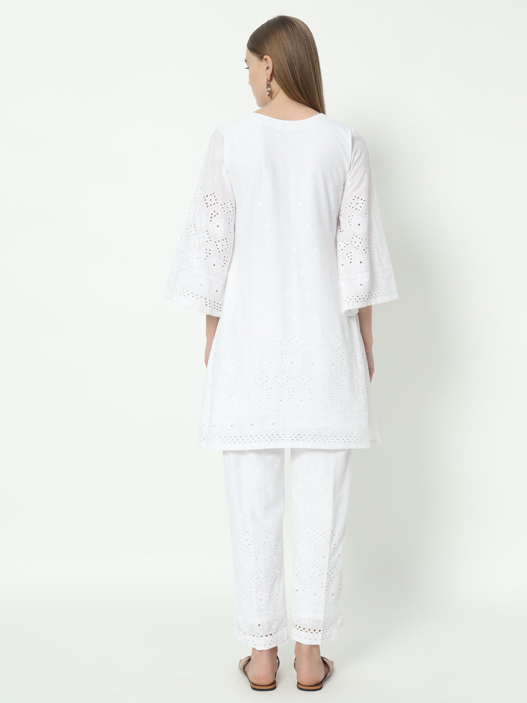 Fab Fashion White Chiken Kari Co-Ord Bell Sleeve V Neck Set | Grocsy