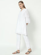 Fab Fashion White Chiken Kari Co-Ord Bell Sleeve V Neck Set | Grocsy