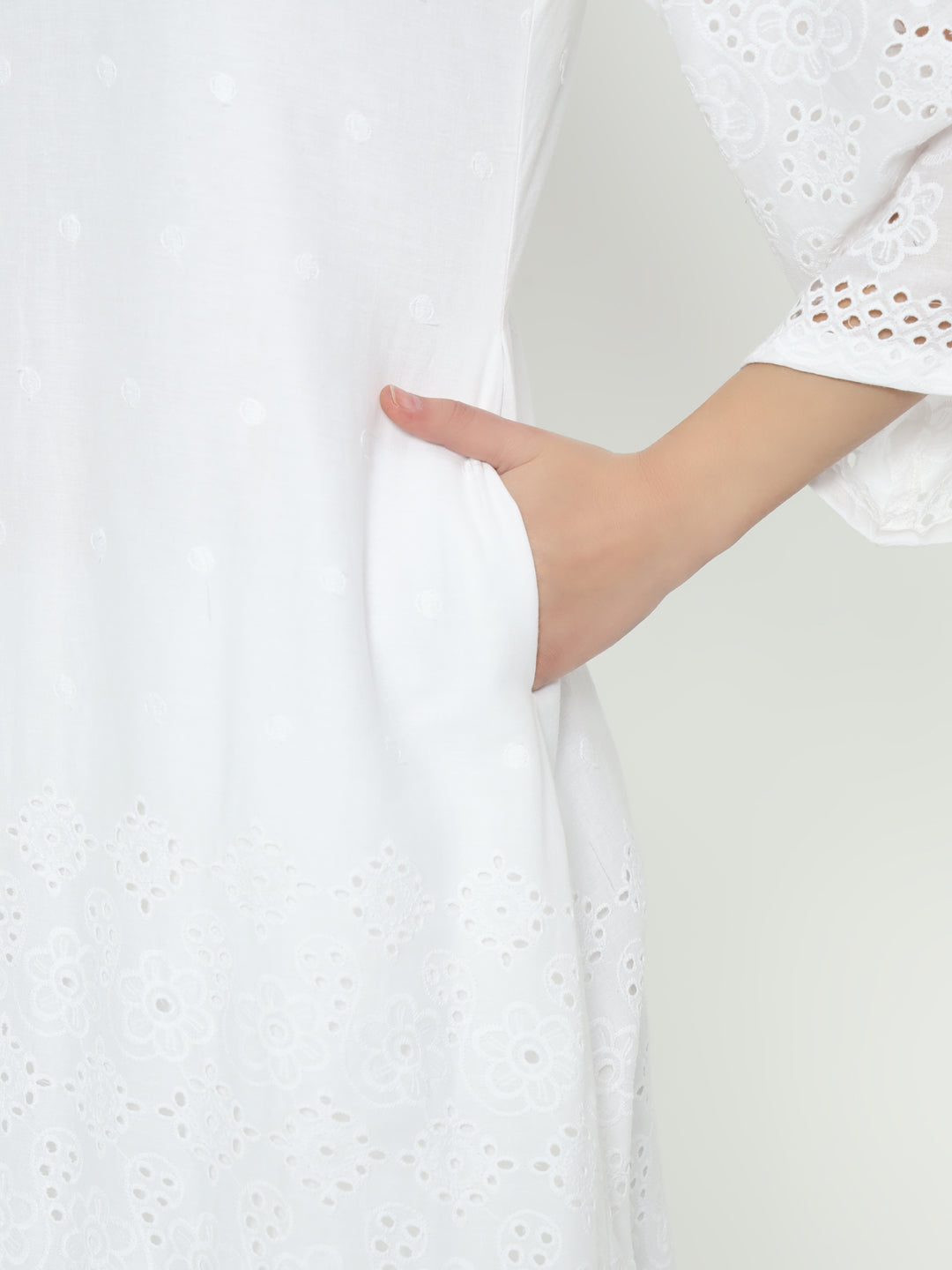 Fab Fashion White Chiken Kari Co-Ord Bell Sleeve V Neck Set | Grocsy