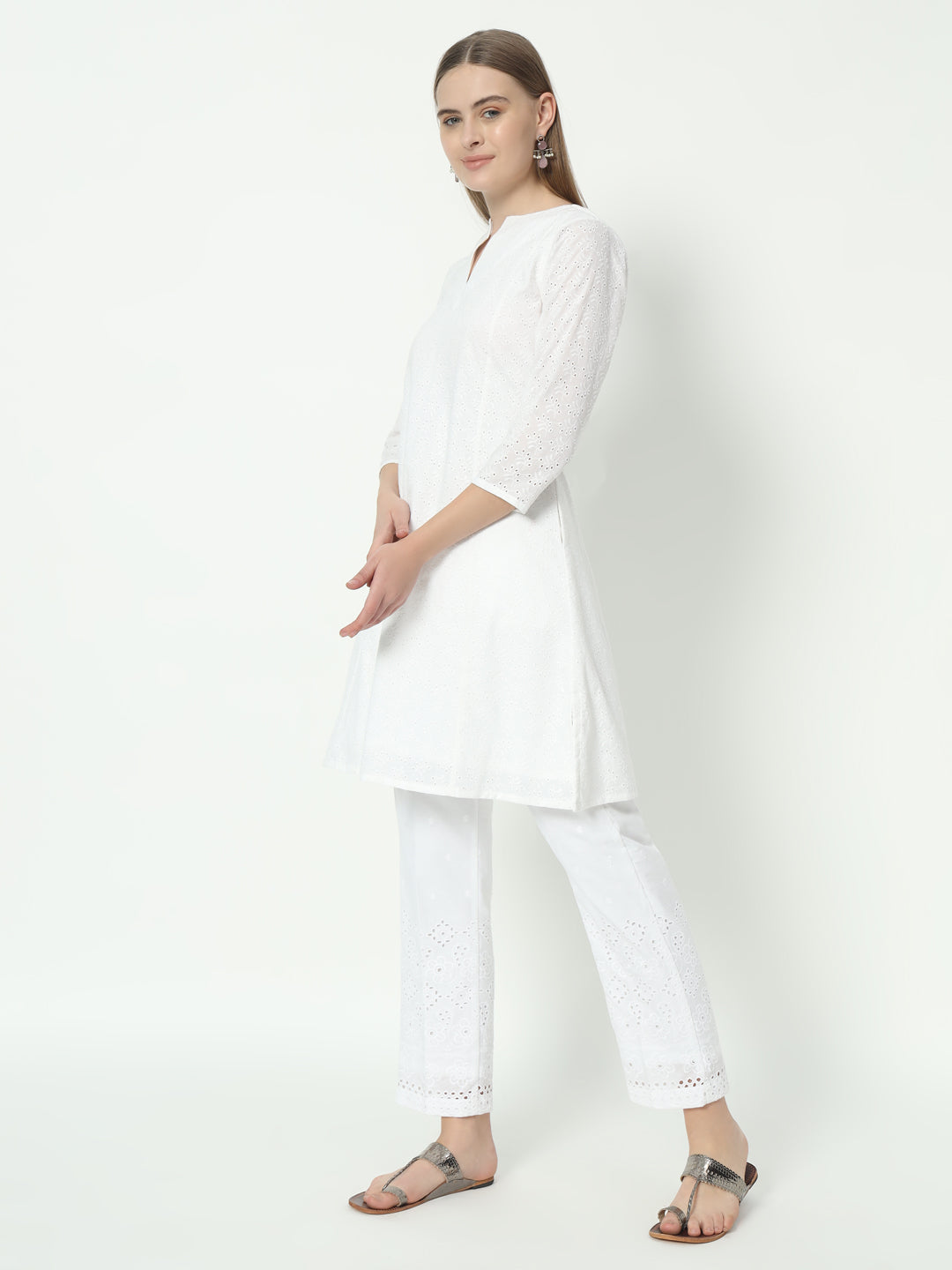 Fab Fashion Pannel White Chiken Kari Co-Ord Set With Round Cut Neck | Grocsy
