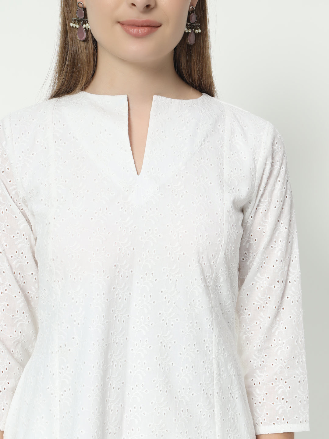 Fab Fashion Pannel White Chiken Kari Co-Ord Set With Round Cut Neck | Grocsy