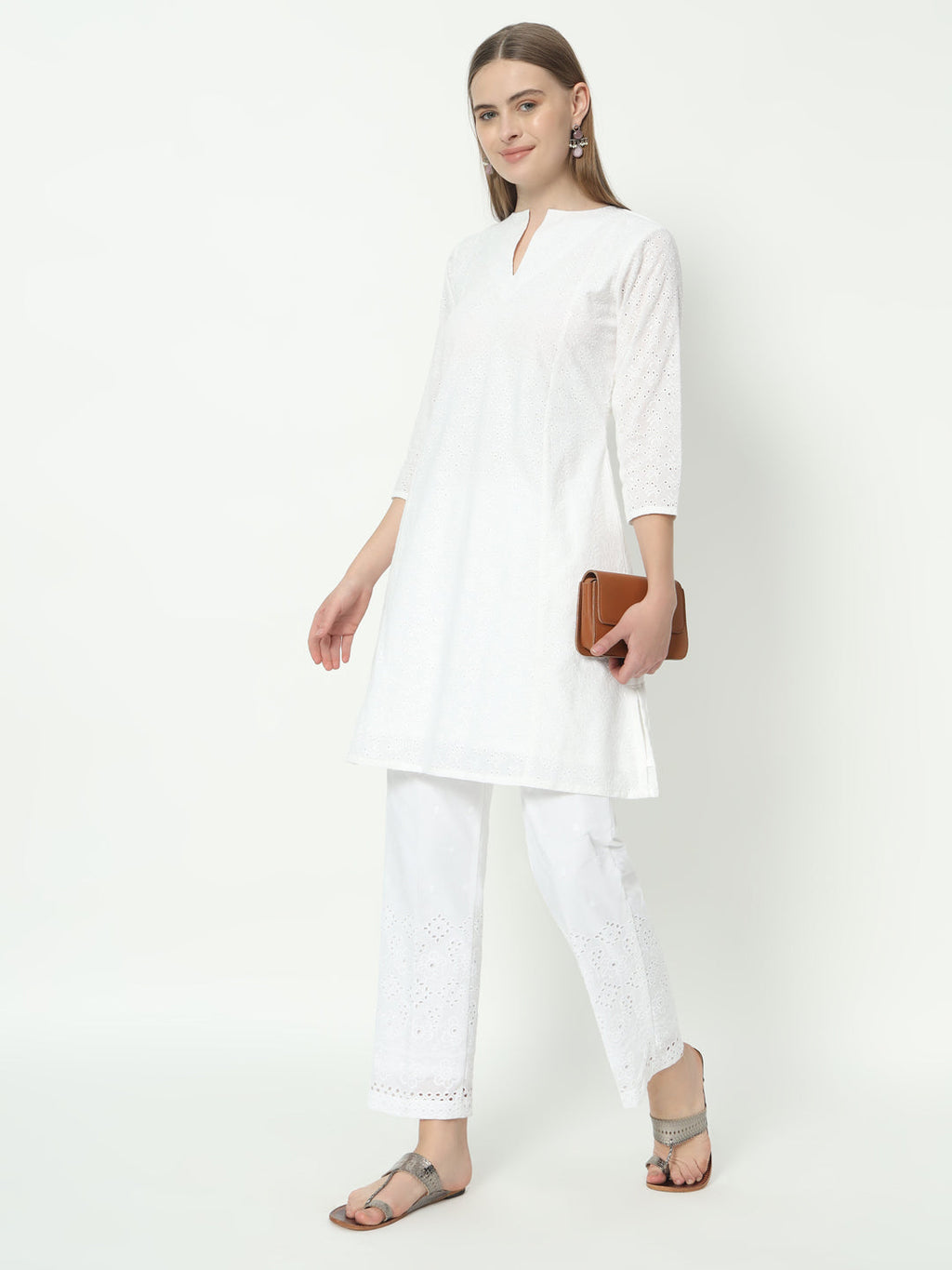 Fab Fashion Pannel White Chiken Kari Co-Ord Set With Round Cut Neck | Grocsy