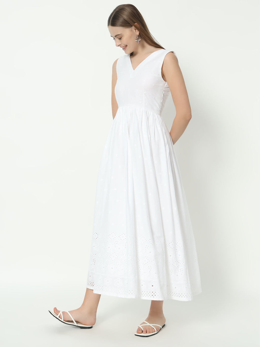 Fab Fashion White Chiken Kari V Neck Gadder Dress | Grocsy
