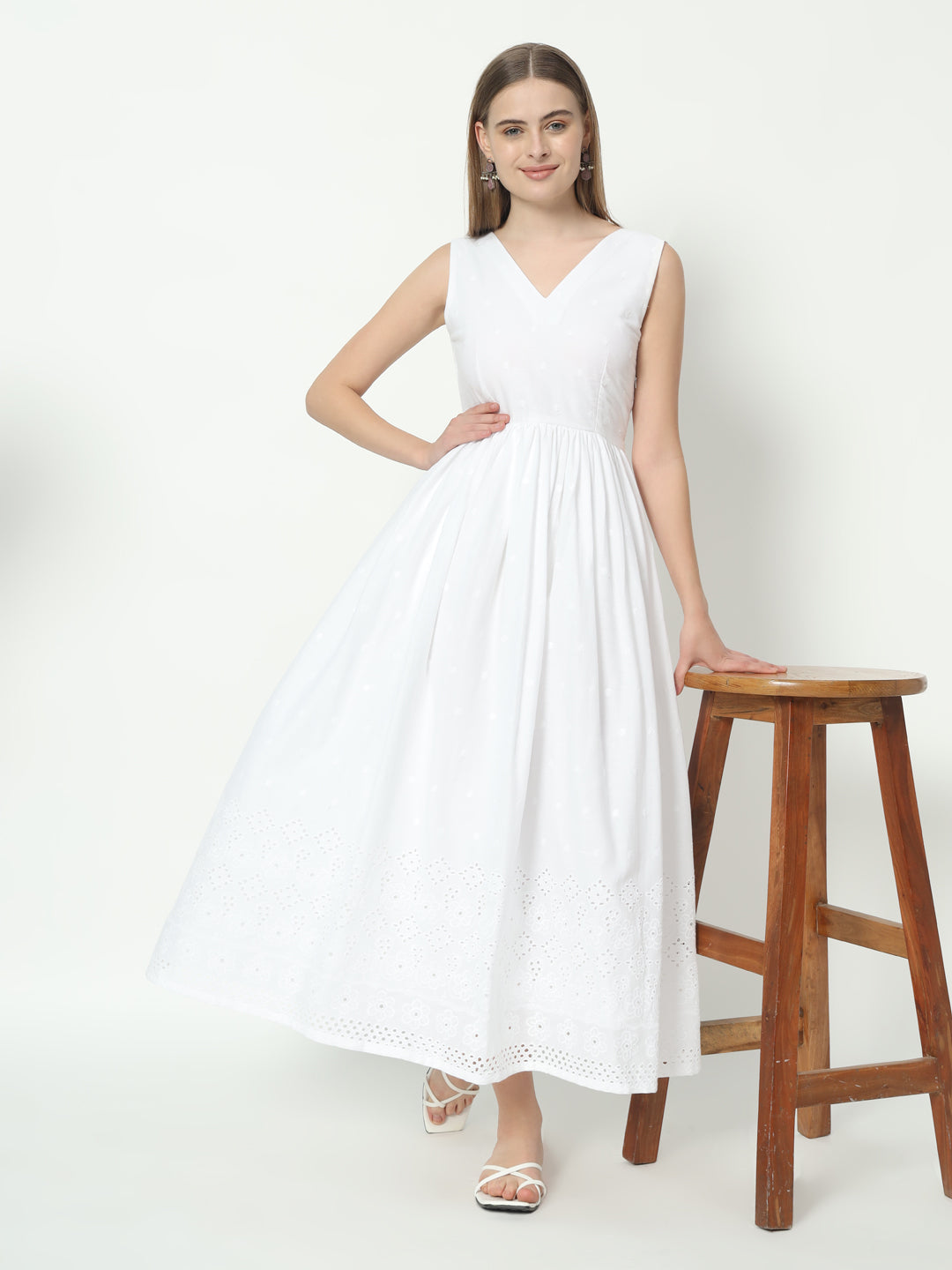 Fab Fashion White Chiken Kari V Neck Gadder Dress | Grocsy