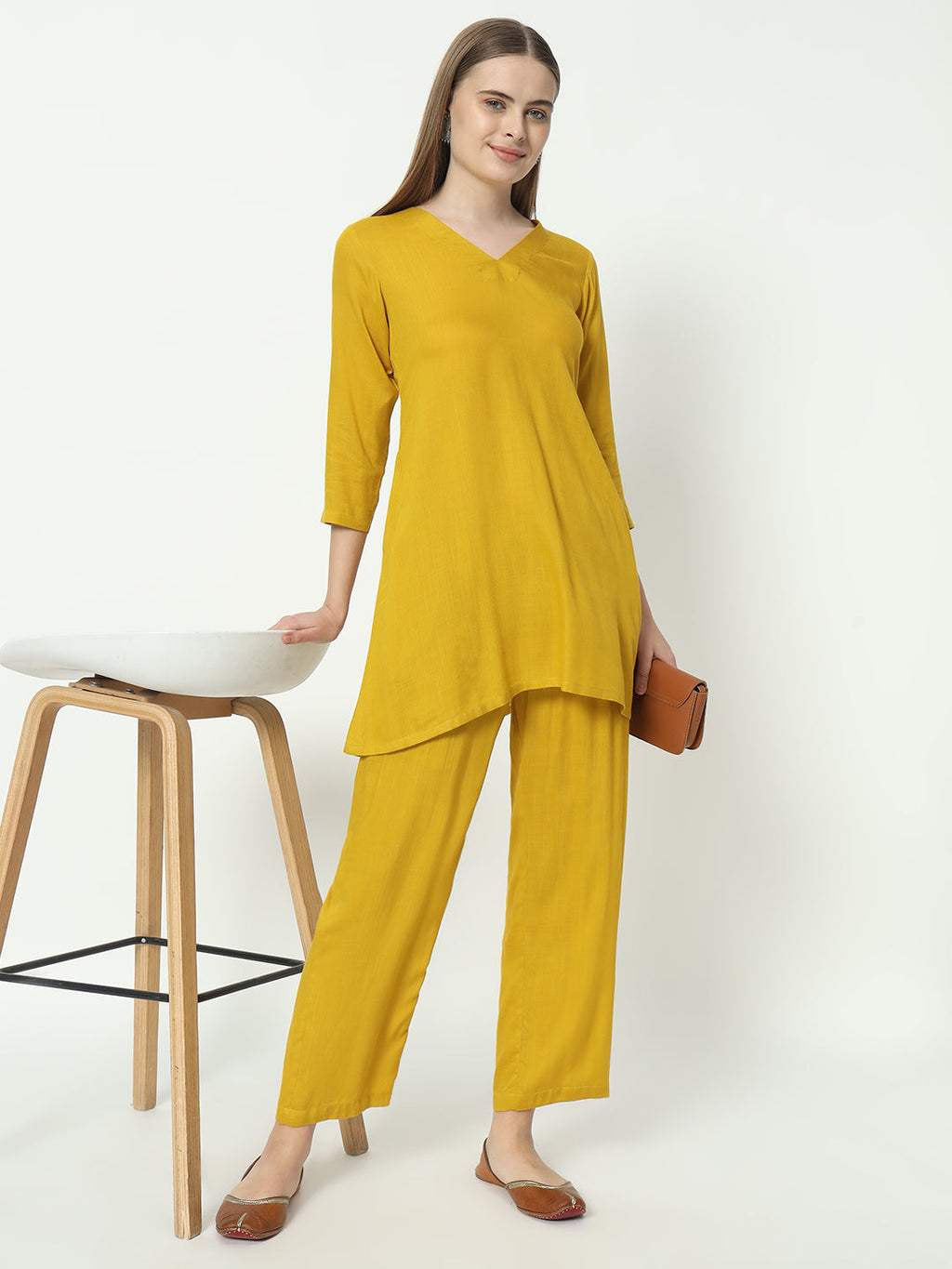 Fab Fashion Mustred Plain Pure Co-Ord Set | Grocsy