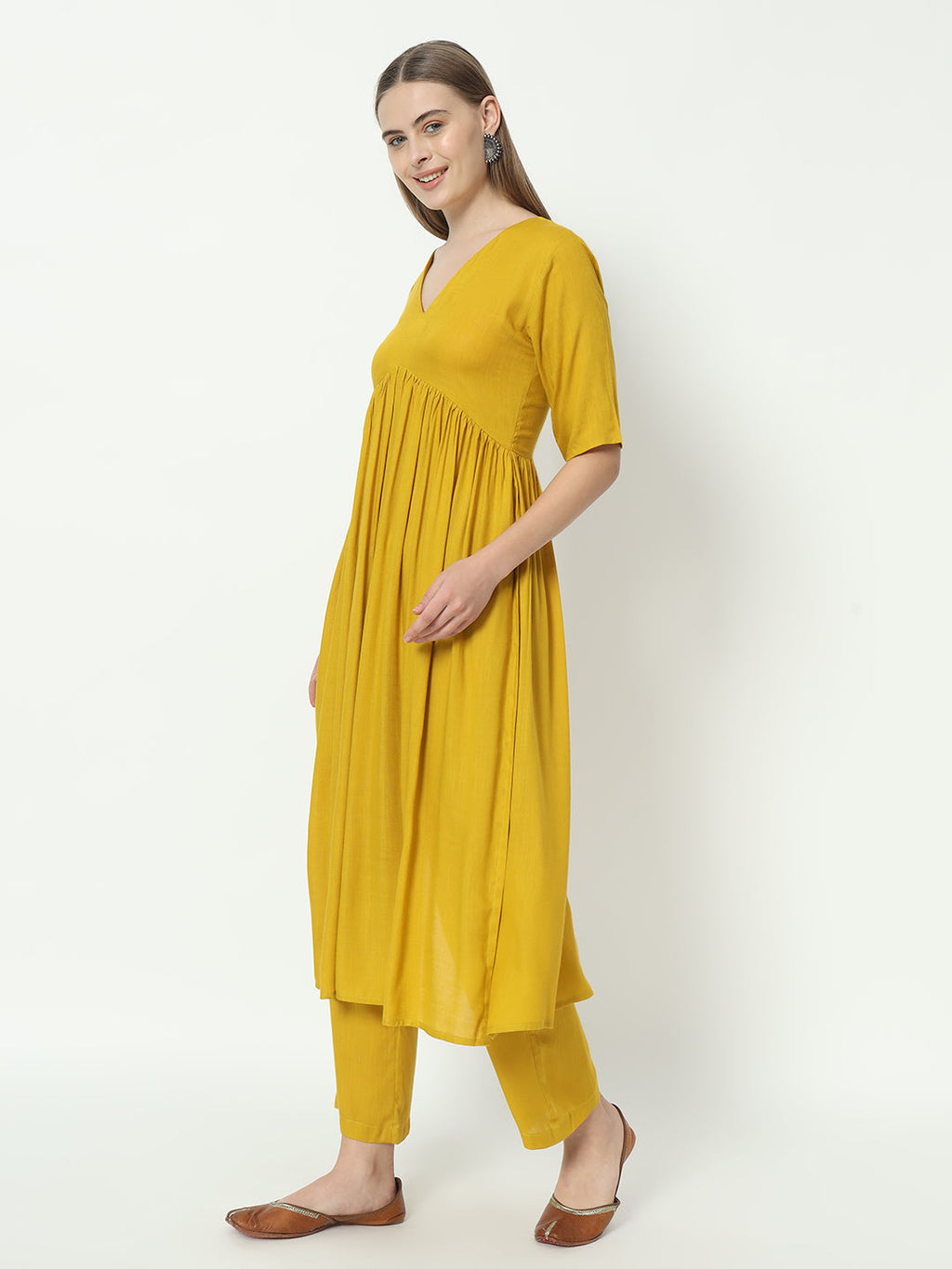 Fab Fashion Alia Cut Mustard Pure Cotton V Neck Top+Pant | Grocsy