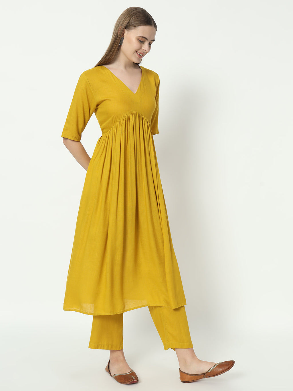 Fab Fashion Alia Cut Mustard Pure Cotton V Neck Top+Pant | Grocsy