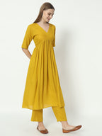Fab Fashion Alia Cut Mustard Pure Cotton V Neck Top+Pant | Grocsy
