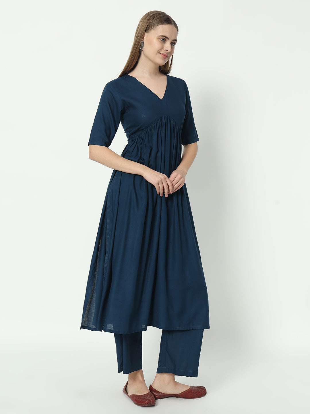 Fab Fashion Alia Cut Peacock Blue Pure Cotton V Neck Top+Pant | Grocsy