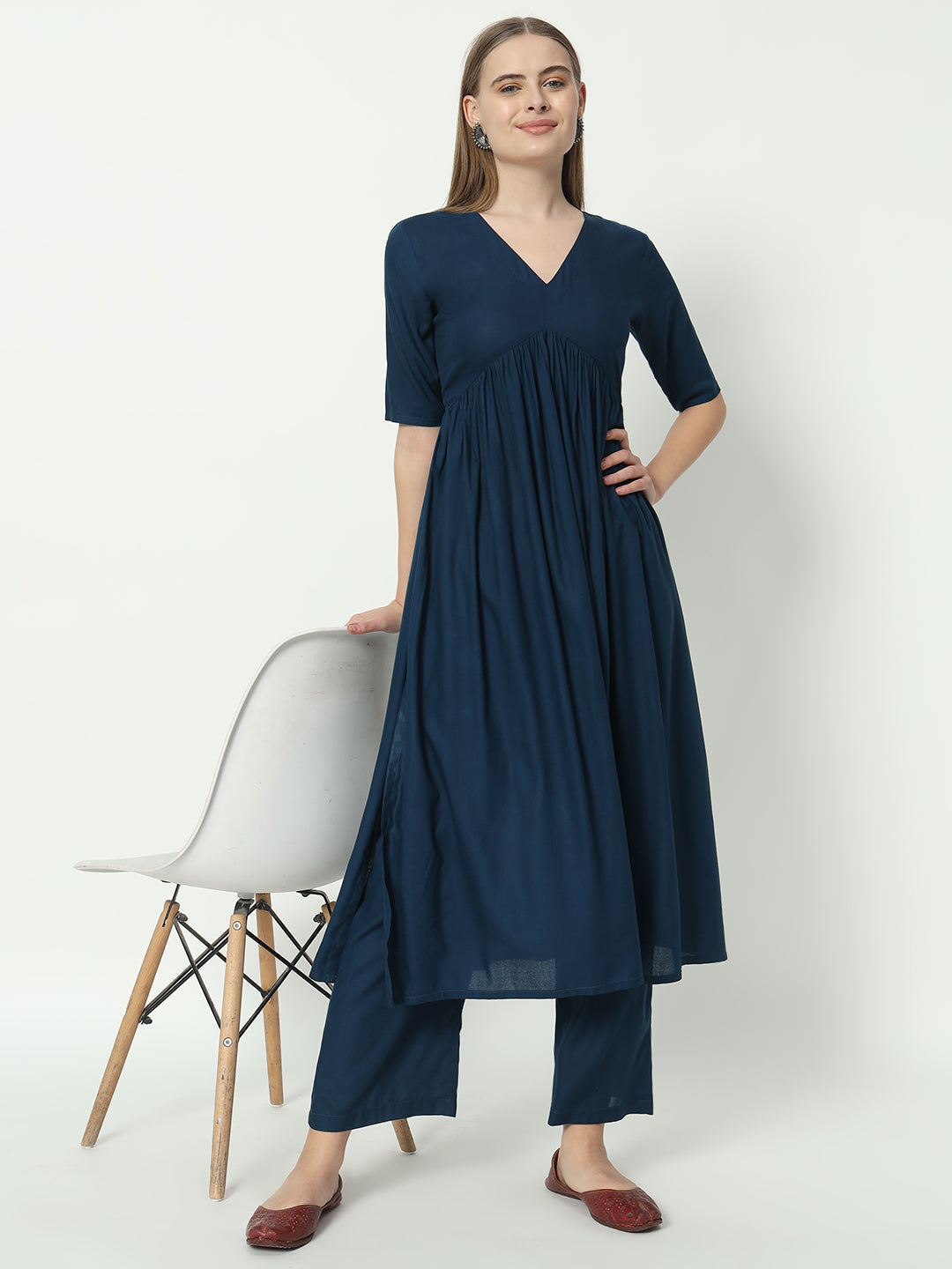 Fab Fashion Alia Cut Peacock Blue Pure Cotton V Neck Top+Pant | Grocsy