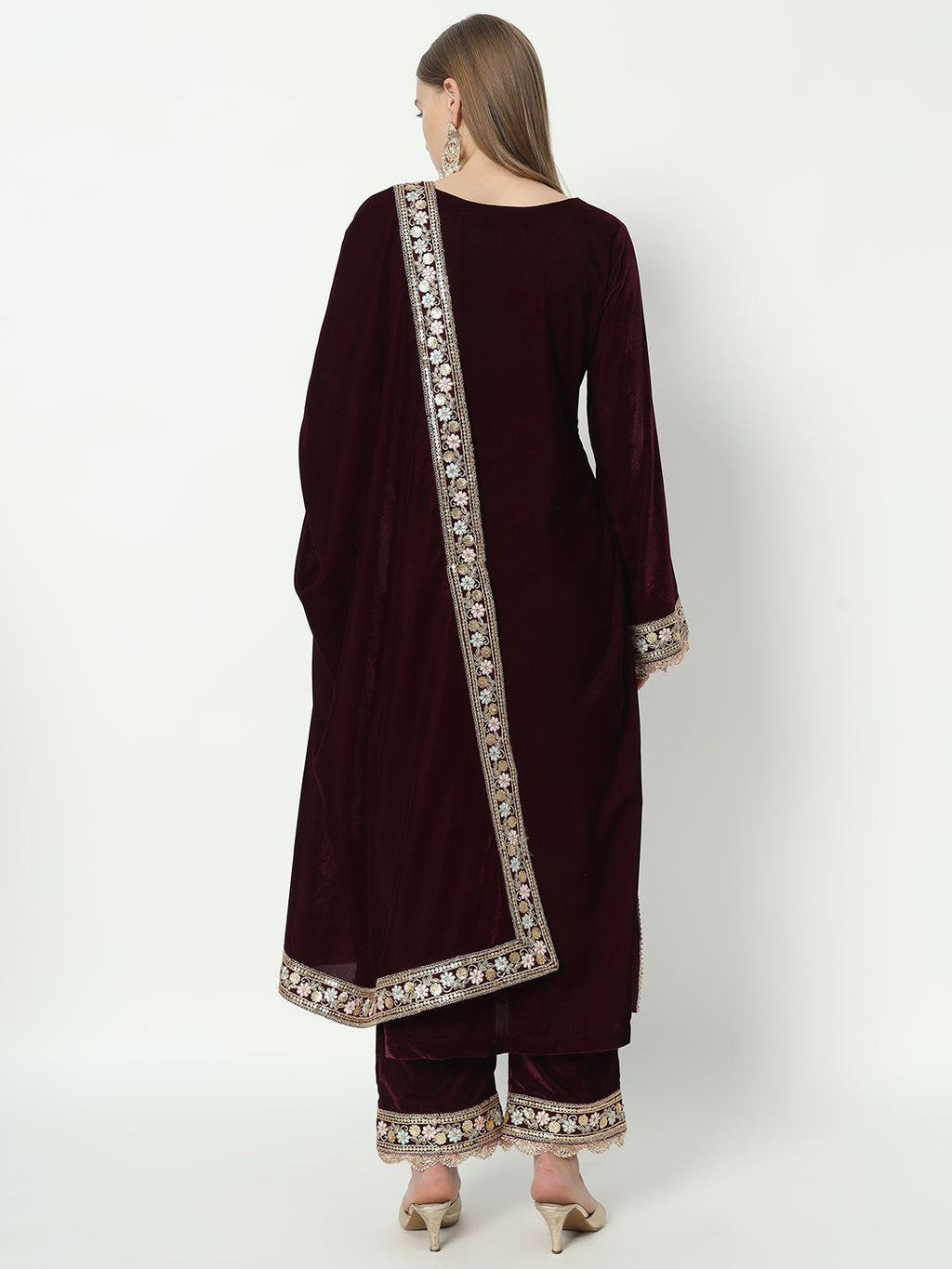 Fab Fashion Wine Velvet Side High Slit Suit Full Set | Grocsy
