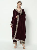 Fab Fashion Wine Velvet Side High Slit Suit Full Set | Grocsy