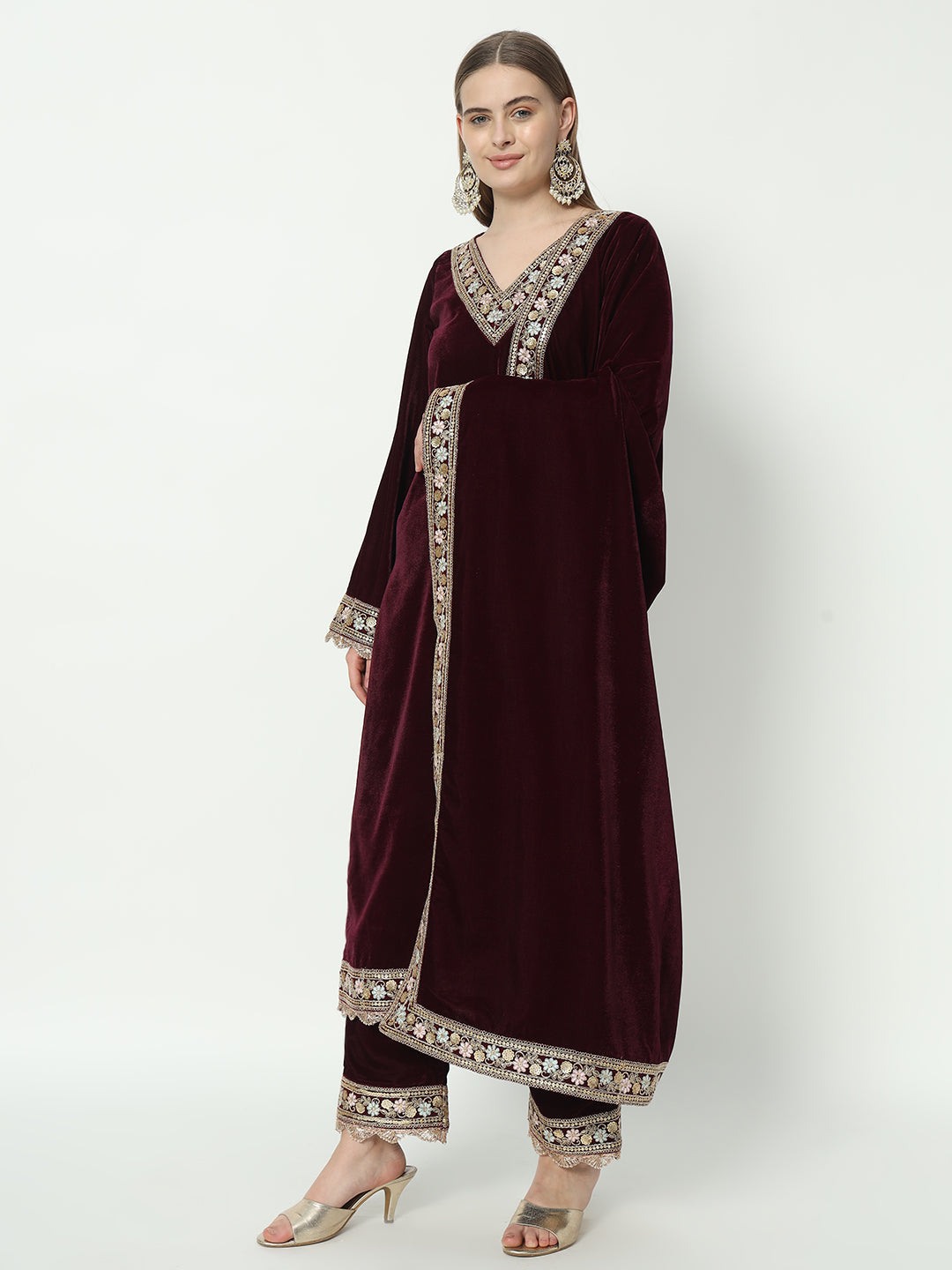 Fab Fashion Wine Velvet Side High Slit Suit Full Set | Grocsy