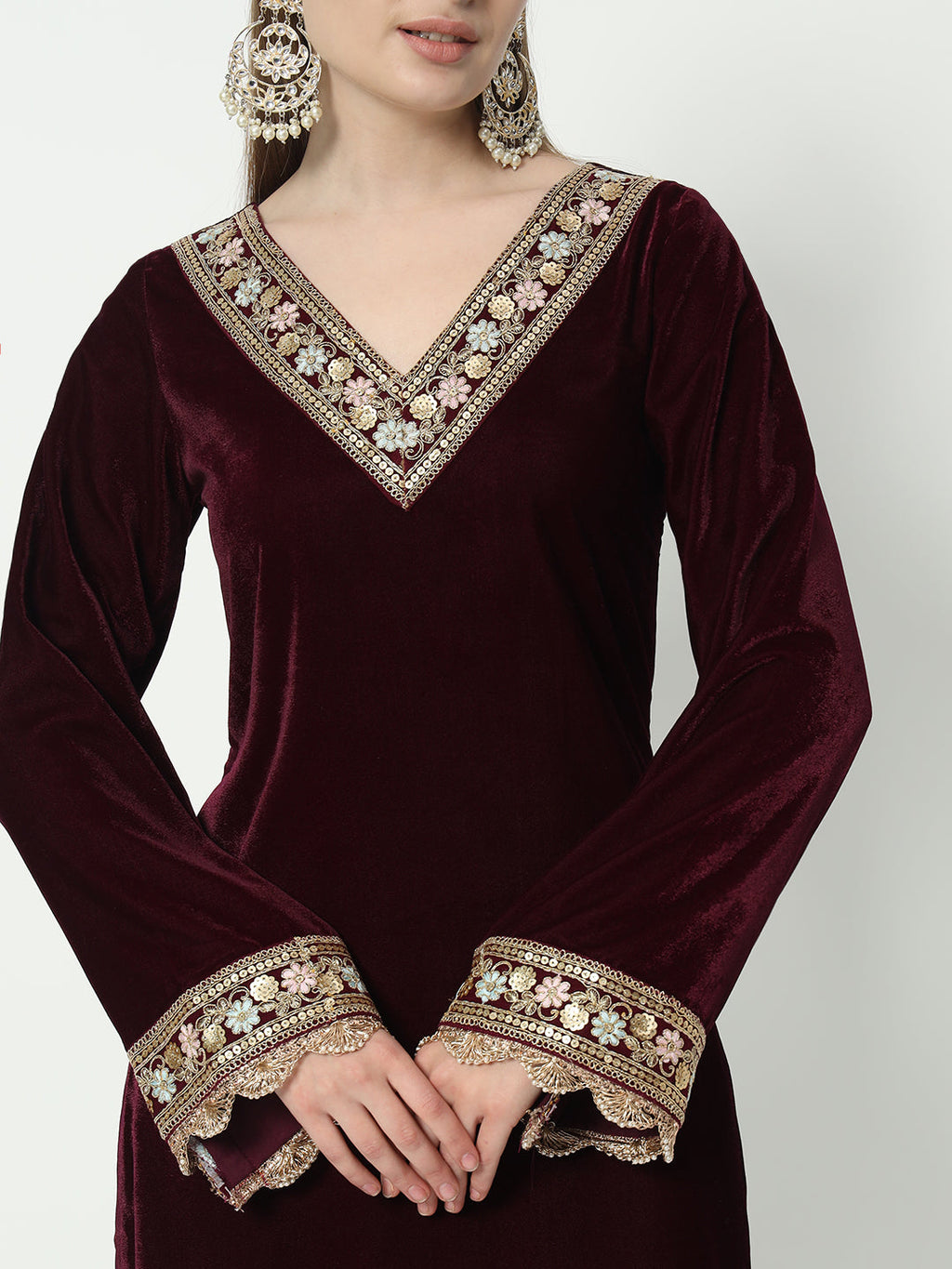 Fab Fashion Wine Velvet Side High Slit Suit Full Set | Grocsy
