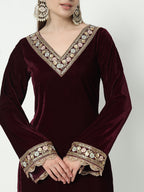 Fab Fashion Wine Velvet Side High Slit Suit Full Set | Grocsy