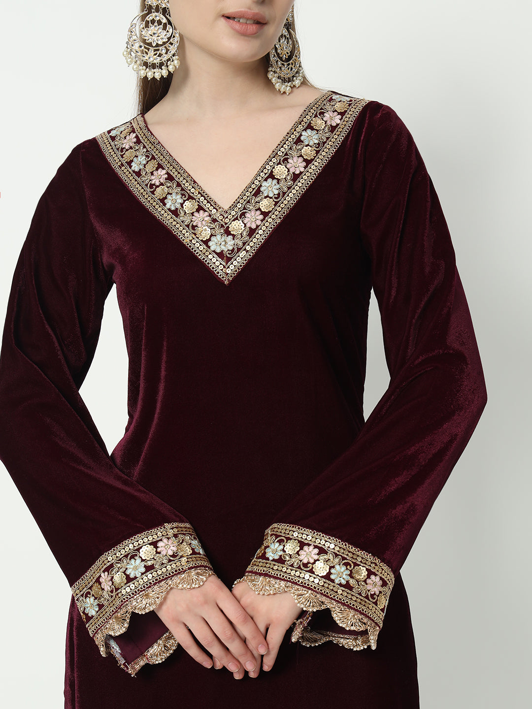 Fab Fashion Wine Velvet Side High Slit Suit Full Set | Grocsy