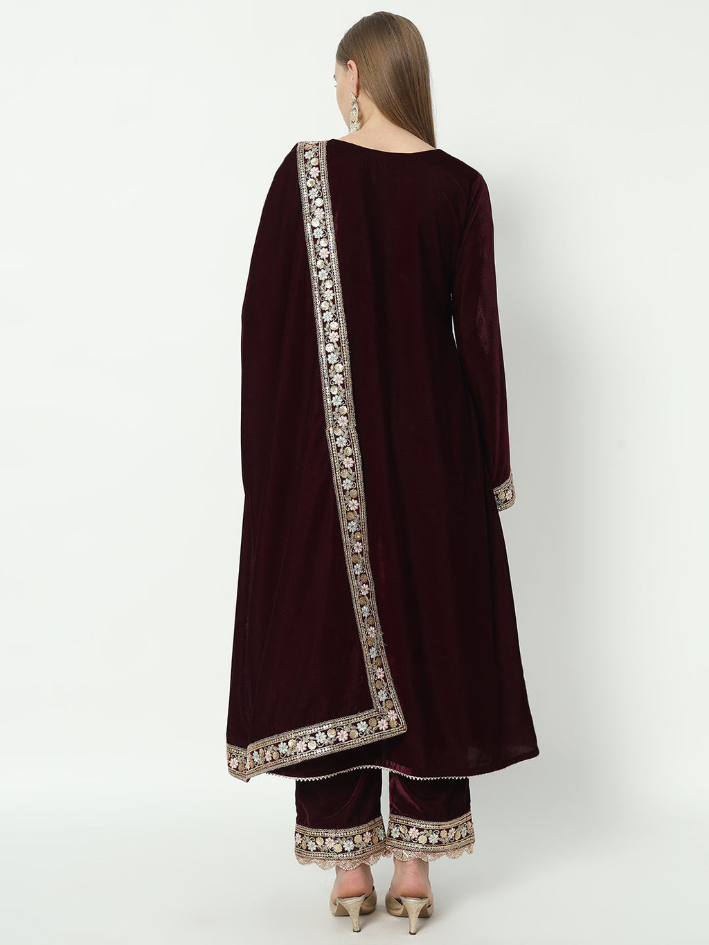 Fab Fashion Wine Velvet Lace Suit Full Set | Grocsy