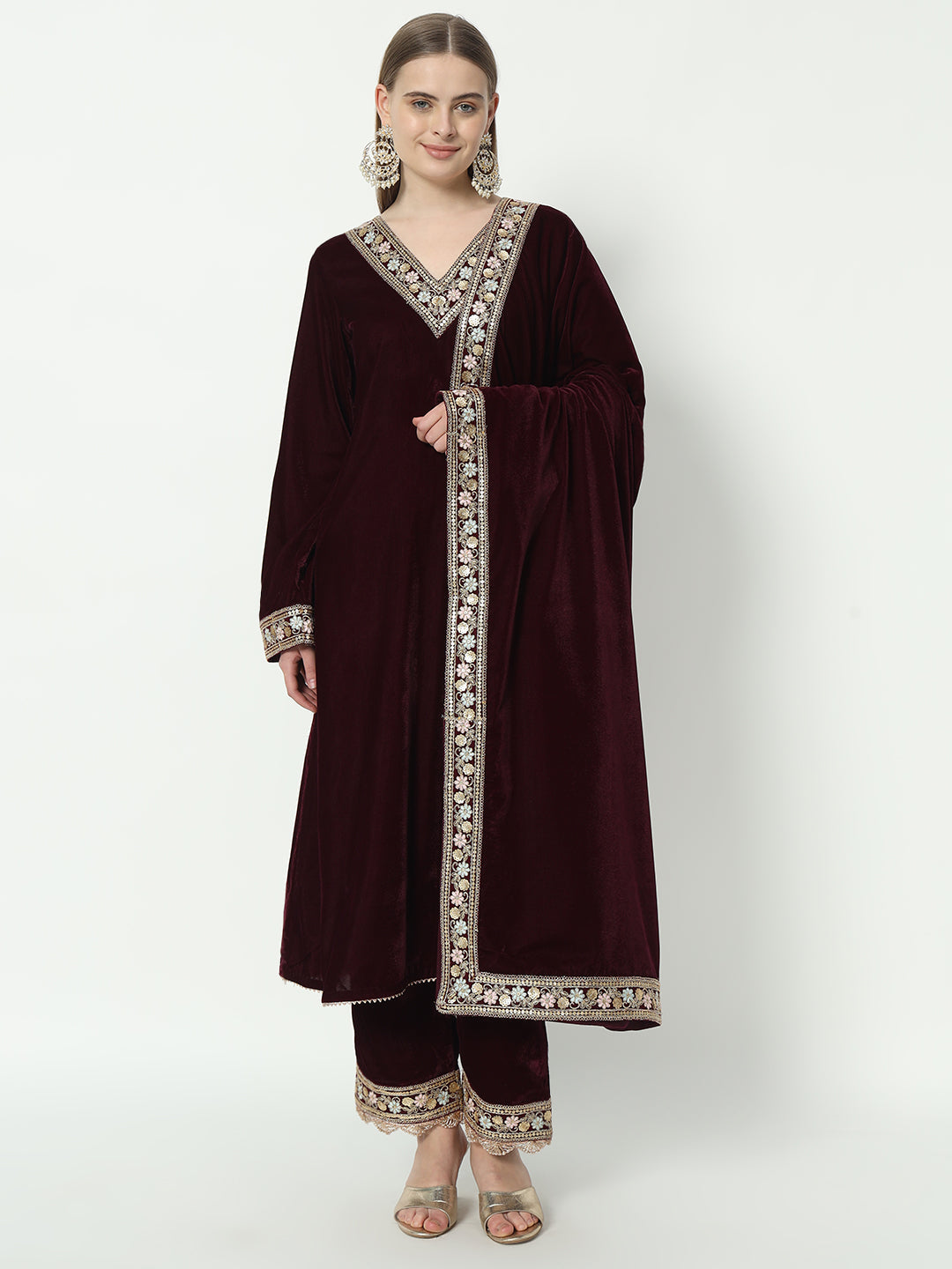 Fab Fashion Wine Velvet Lace Suit Full Set | Grocsy