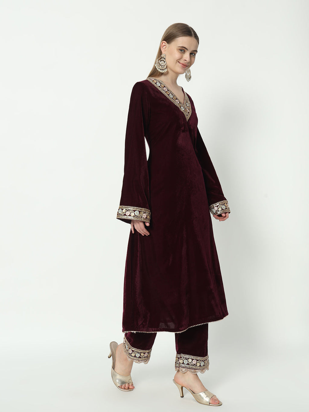 Fab Fashion Wine Velvet Lace Suit Full Set | Grocsy