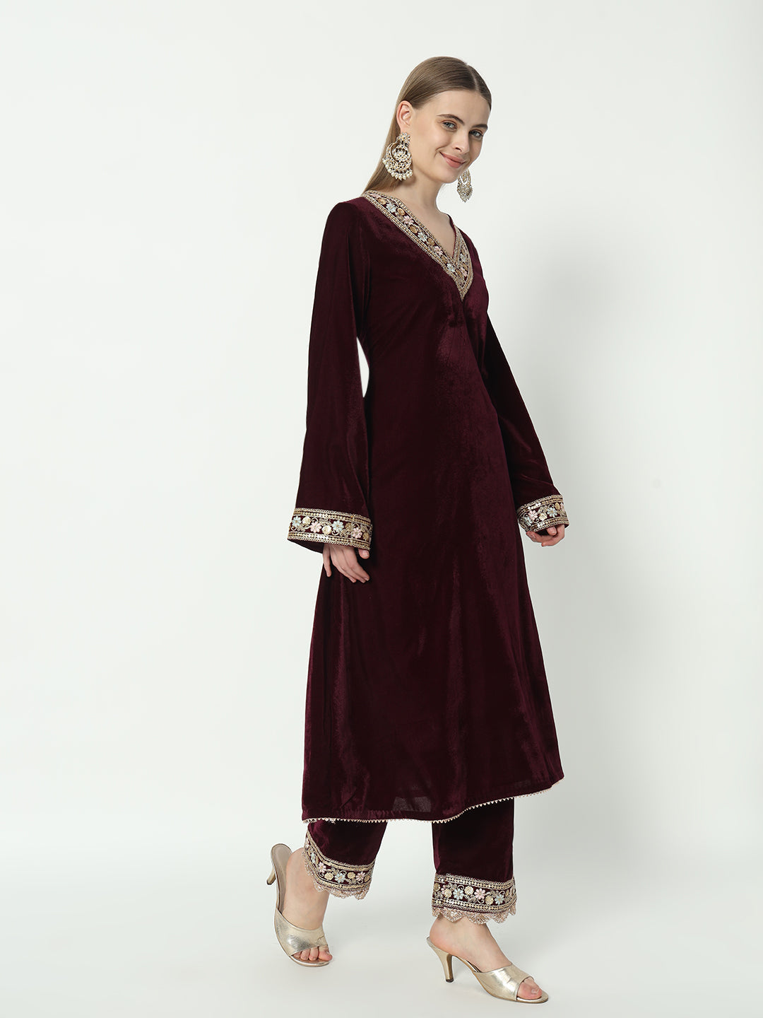 Fab Fashion Wine Velvet Lace Suit Full Set | Grocsy