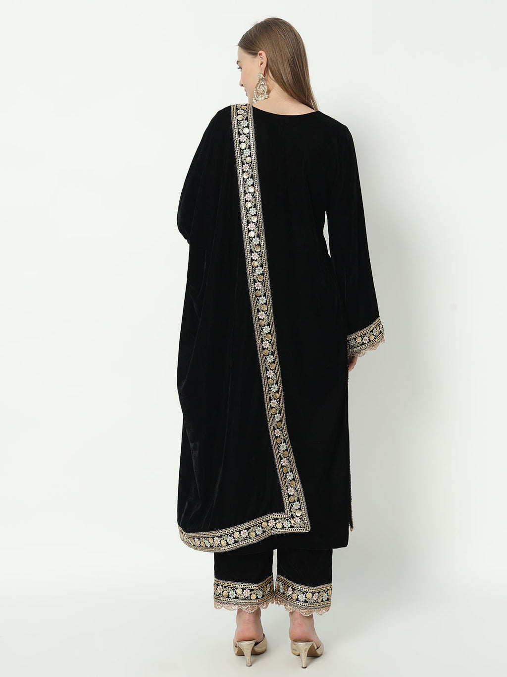 Fab Fashion Black Velvet Side High Slit Suit Full Set | Grocsy