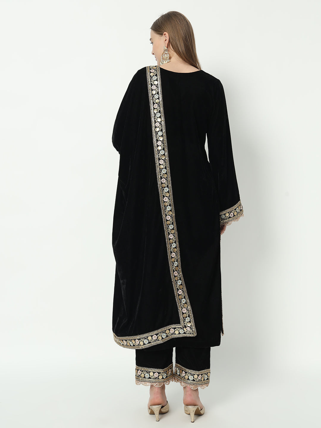 Fab Fashion Black Velvet Side High Slit Suit Full Set | Grocsy