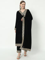 Fab Fashion Black Velvet Side High Slit Suit Full Set | Grocsy