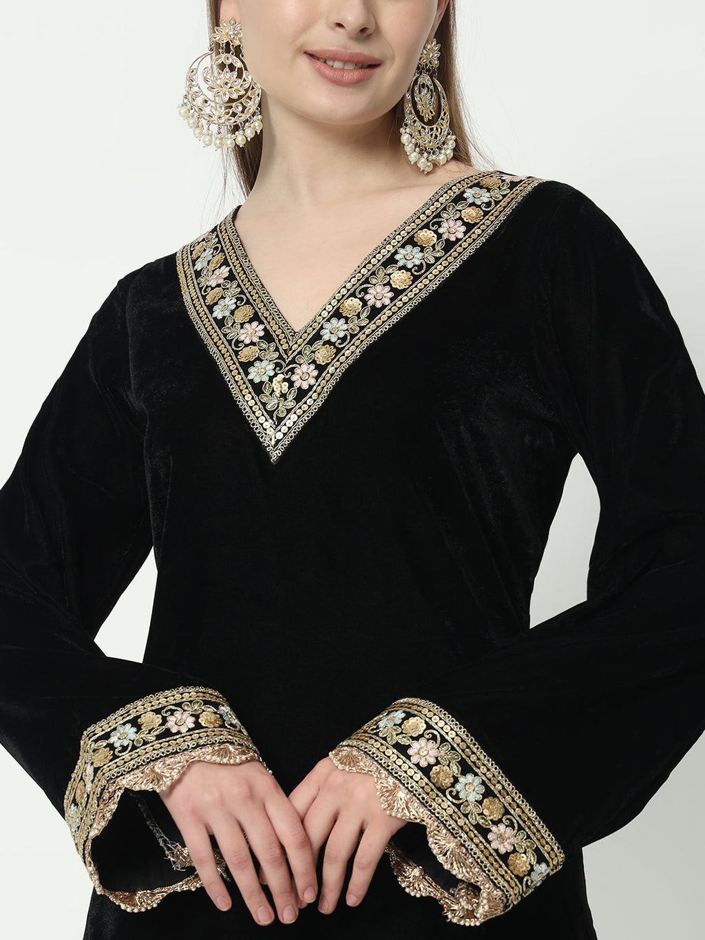 Fab Fashion Black Velvet Side High Slit Suit Full Set | Grocsy