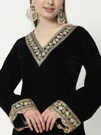 Fab Fashion Black Velvet Side High Slit Suit Full Set | Grocsy