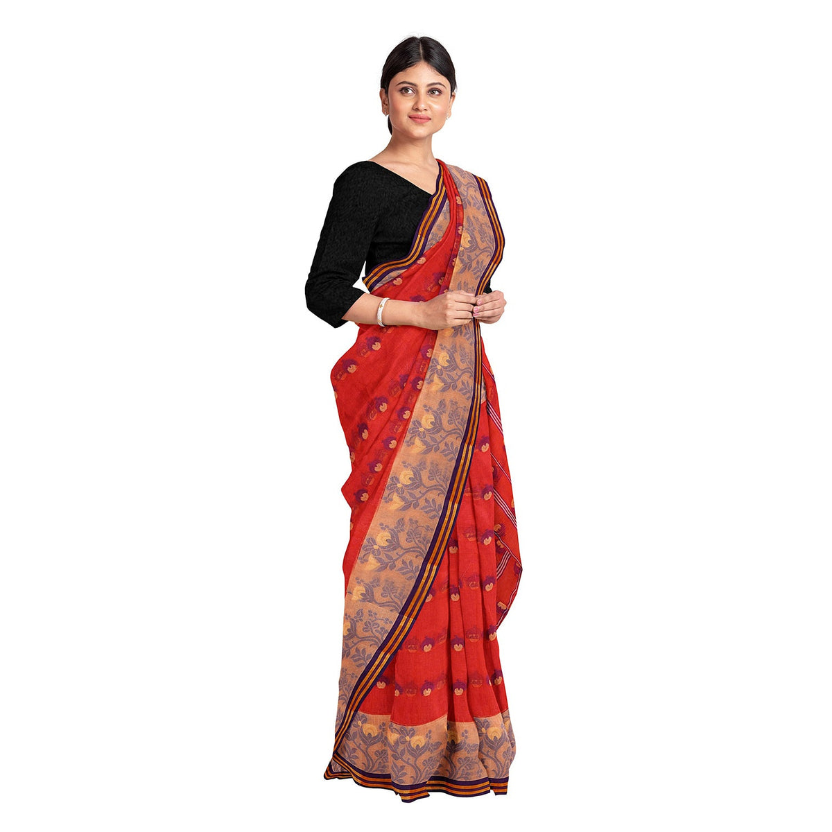Exclusive Collection 100% Pure Cotton Red Tant Saree With Hand Weaving Work | Grocsy